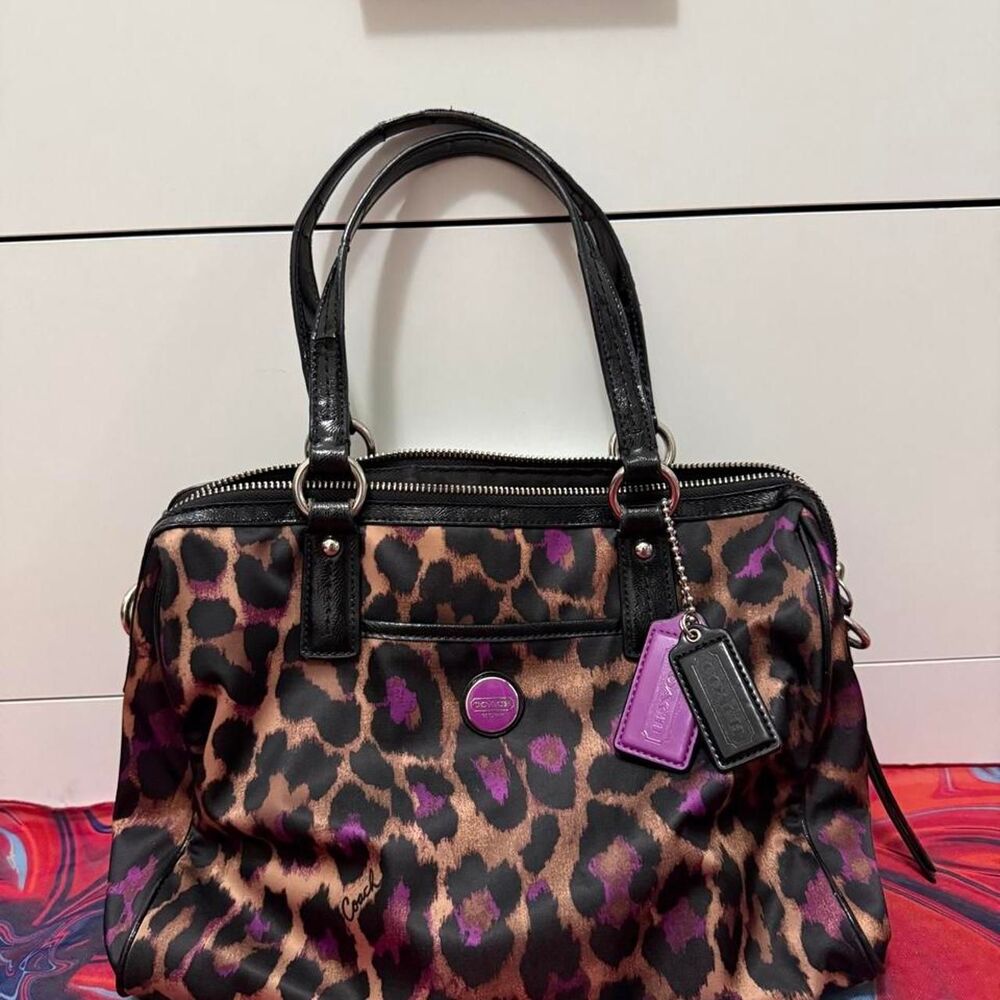 Vintage Y2K Coach Poppy  Leopard Purple Satin Satchel Bag